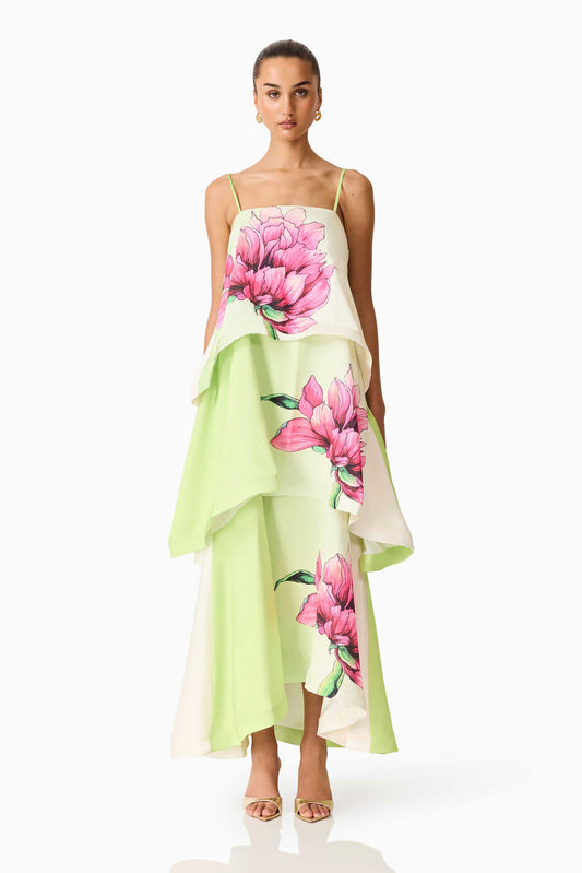 Elisia Tiered Gown in Green & Pink Floral