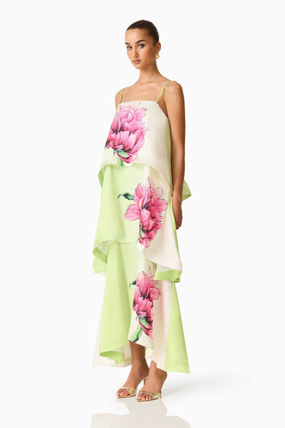 Elisia Tiered Gown in Green & Pink Floral