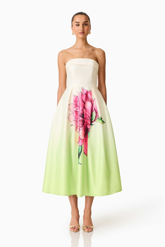 Elisia Strapless Gown in Green & Pink Floral