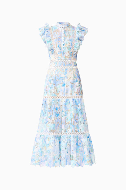 Kalissa Ruffle Maxi Dress in Blue Floral