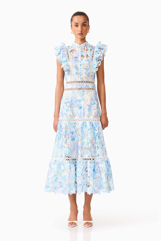 Kalissa Ruffle Maxi Dress in Blue Floral