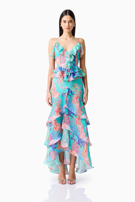 Coral Tiered Gown in Blue Multi