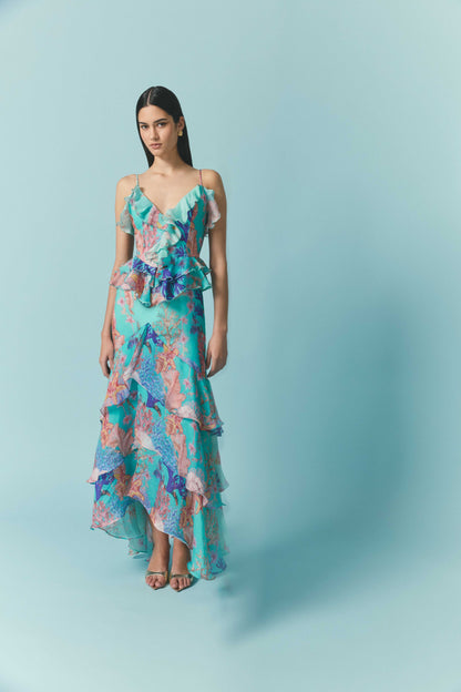 Coral Tiered Gown in Blue Multi