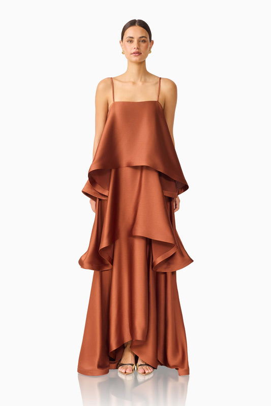 Tilly Tiered Maxi Dress in Chestnut Brown
