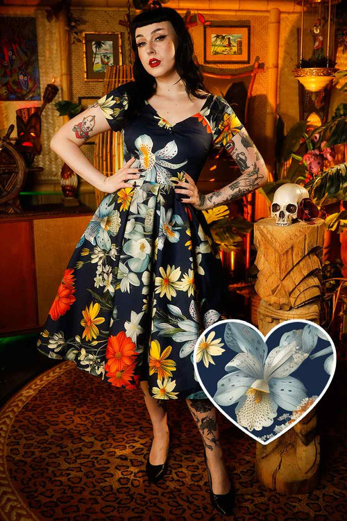 Lily Floral Bunch Off Shoulder Dress In Navy Blue