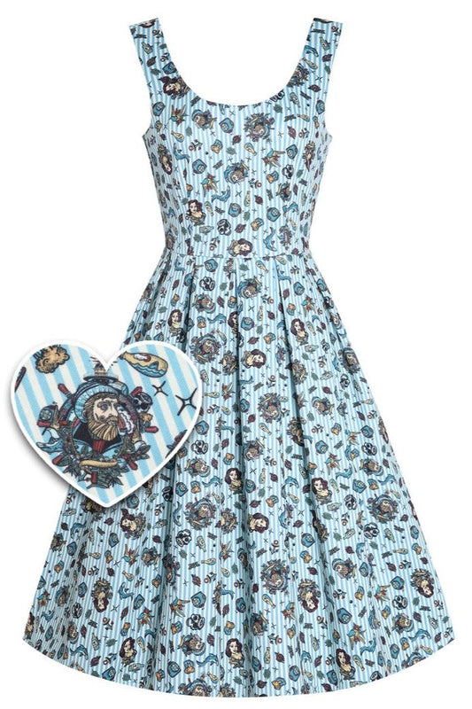 Amanda Blue Striped Flared Dress in Nautical Print