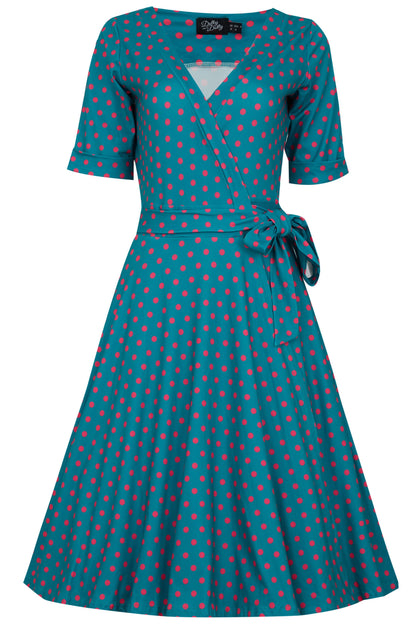 Matilda Peacock Blue & Pink Polka Dot Wrap Dress