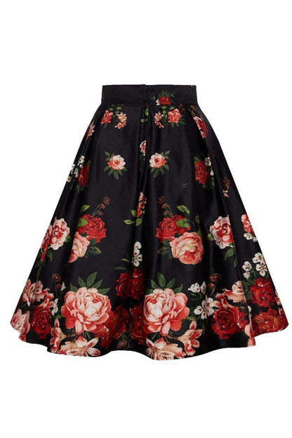 Carolyn Box Pleat Skirt In Black with Raising Red Roses