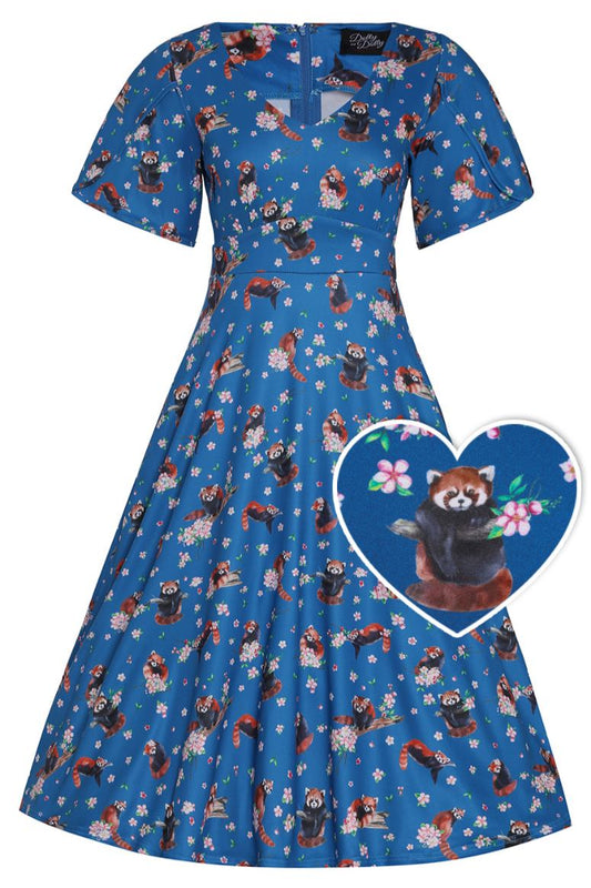 Janice Blue Short Sleeved Tea Dress in Red Panda Print