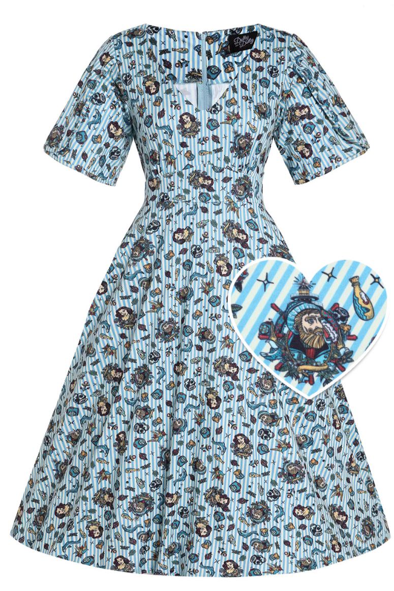 Janice Sleeved Tea Dress in Blue Striped Nautical Print