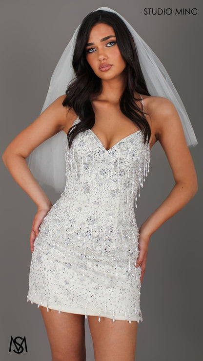 Giselle - Ivory Pearl Bridal Mini Dress | Sparkly Beaded fitted, Pearl Tassel Party Dress