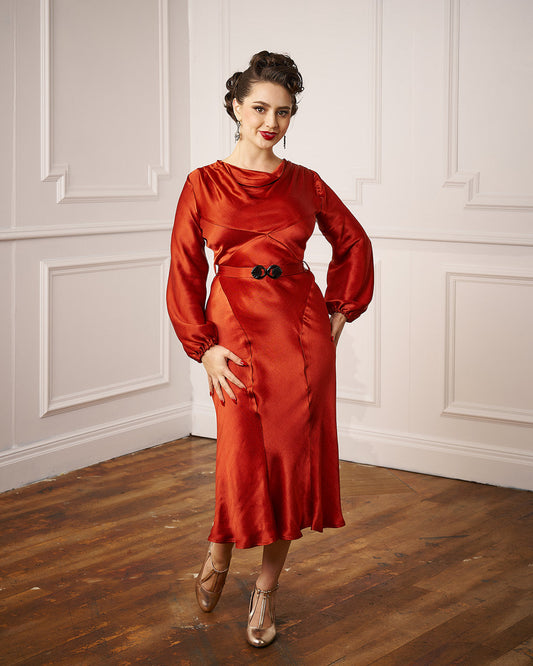 1930s Joanie Bias Cut Dress - Rust Satin