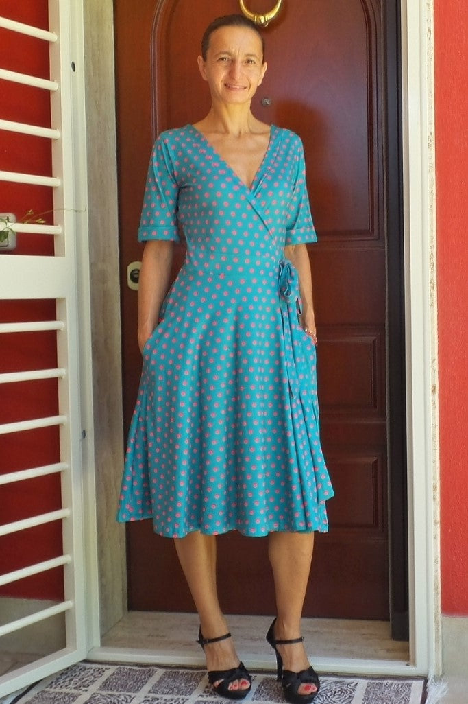 Matilda Peacock Blue & Pink Polka Dot Wrap Dress