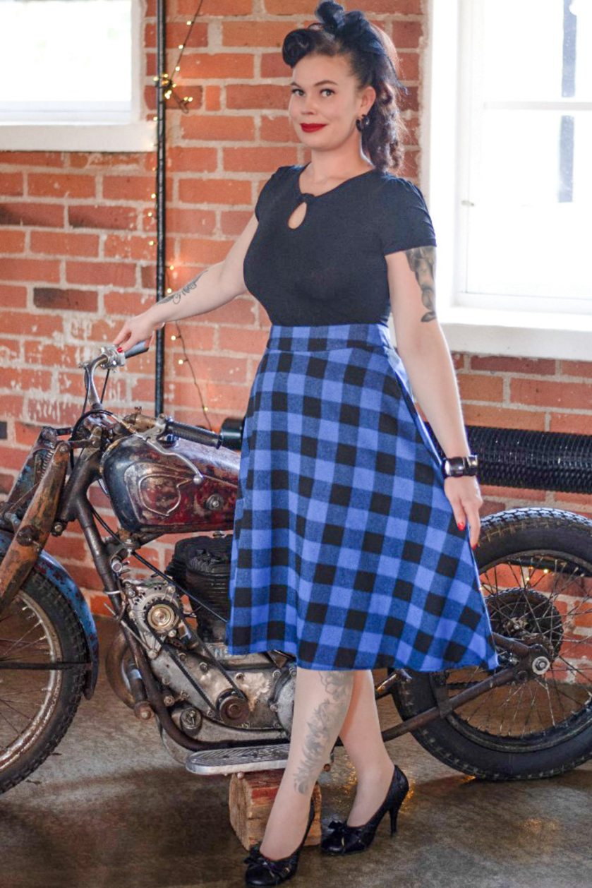 Joyce Flared Check Skirt in Blue/Black