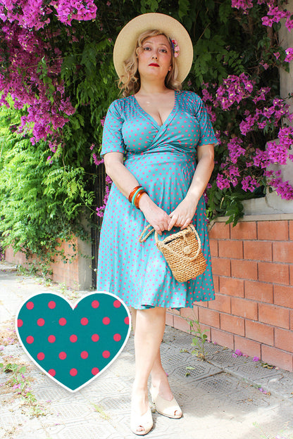 Matilda Peacock Blue & Pink Polka Dot Wrap Dress