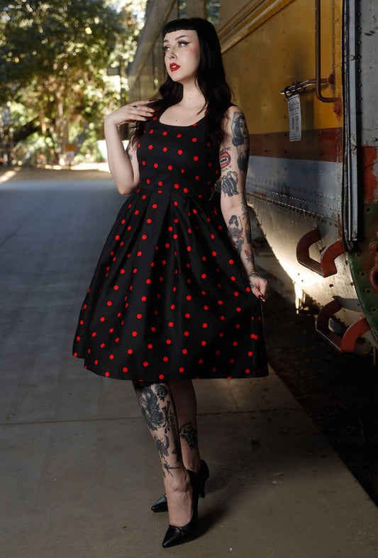 Amanda Retro Polka Dot Swing Dress in Black & Red