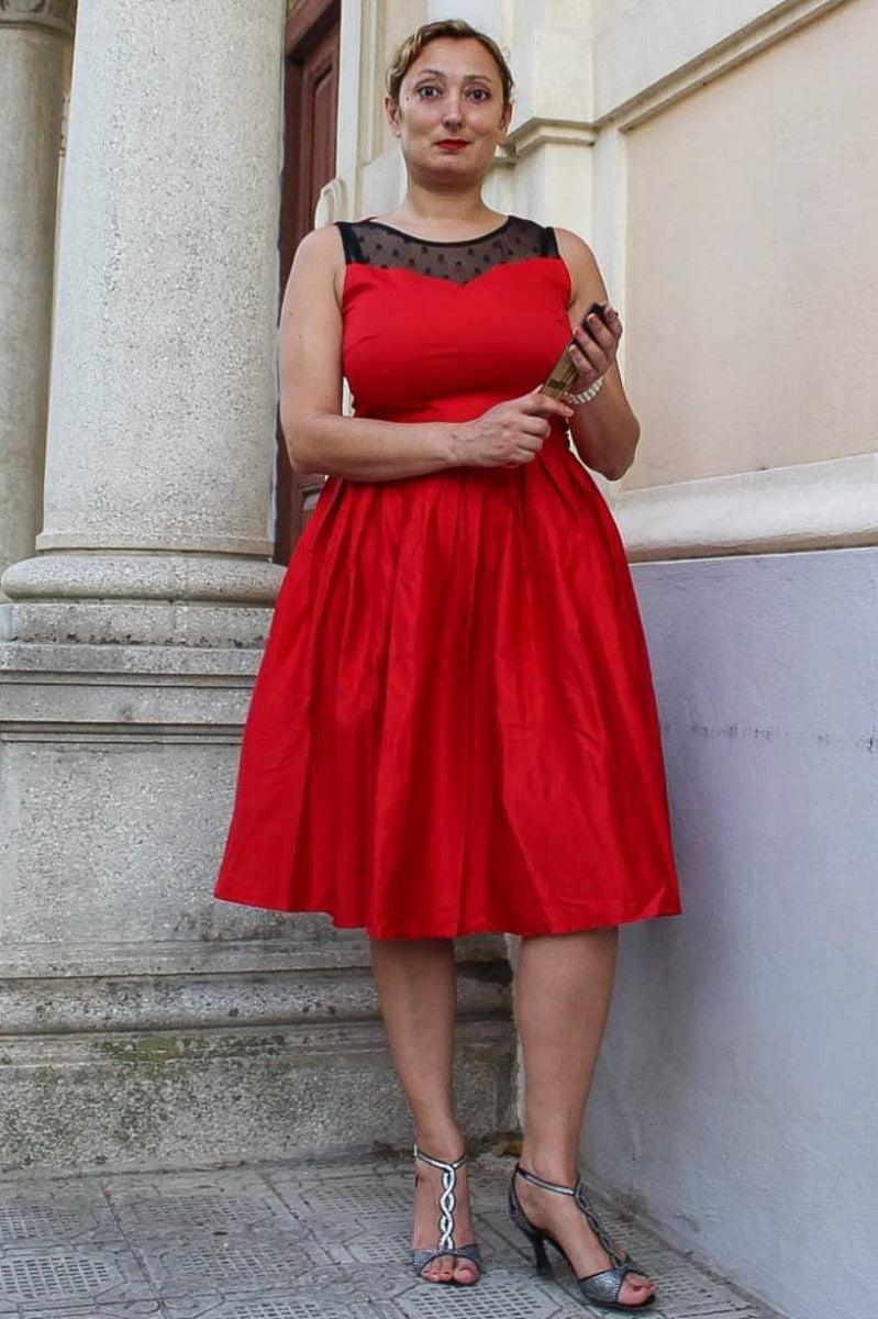 Elizabeth Vintage Style Swing Party Dress in Red - Black