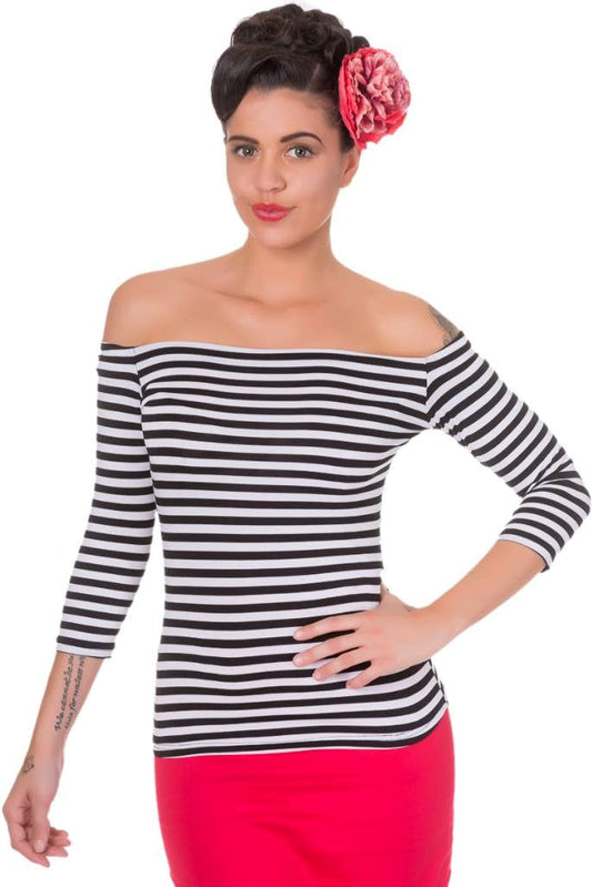 Gloria Off Shoulder Retro Striped Top in Black