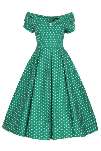 Lily Off Shoulder Green Polka Dot Swing Dress