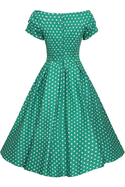 Lily Off Shoulder Green Polka Dot Swing Dress