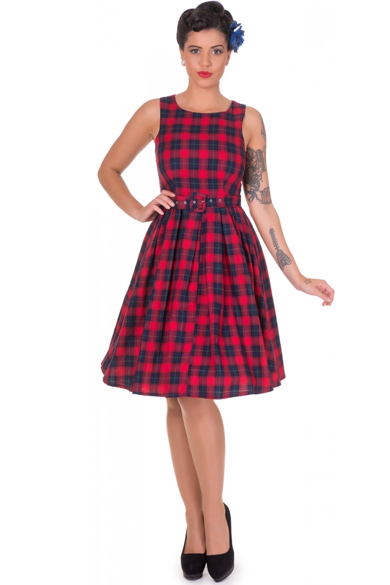 Annie Retro Check Swing Dress in Red-Blue