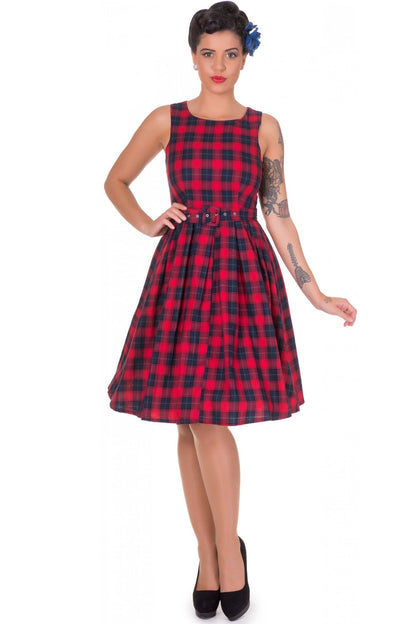 Annie Retro Check Swing Dress in Red-Blue