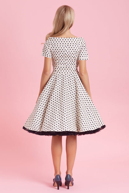 Darlene Retro Polka Dot Swing Dress in Beige