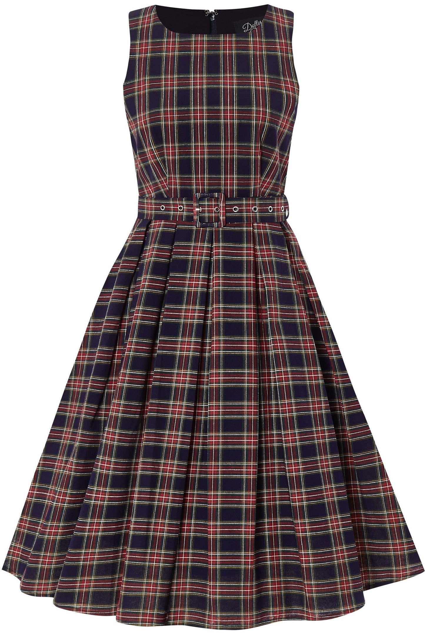 Annie Retro Check Swing Dress in Dark Blue & Red