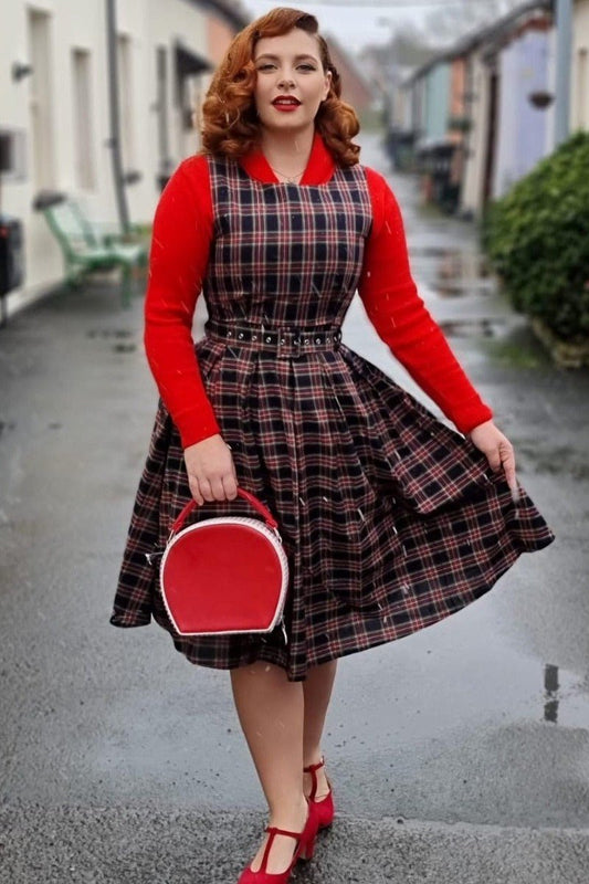 Annie Retro Check Swing Dress in Dark Blue & Red