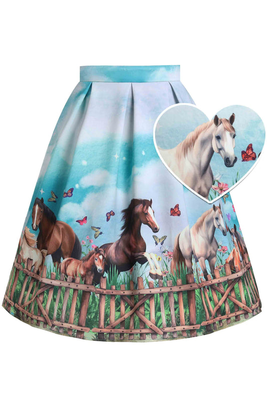 Aisley Horse Field Box Pleated Skirt In Blue