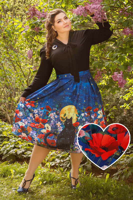 Aisley Black Cat Midnight Garden Pleated Midi Skirt
