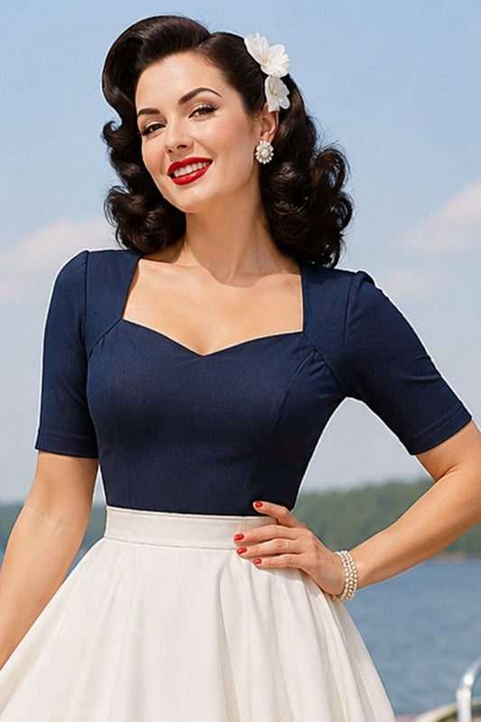 Anne Navy Blue Elbow-Sleeve Top
