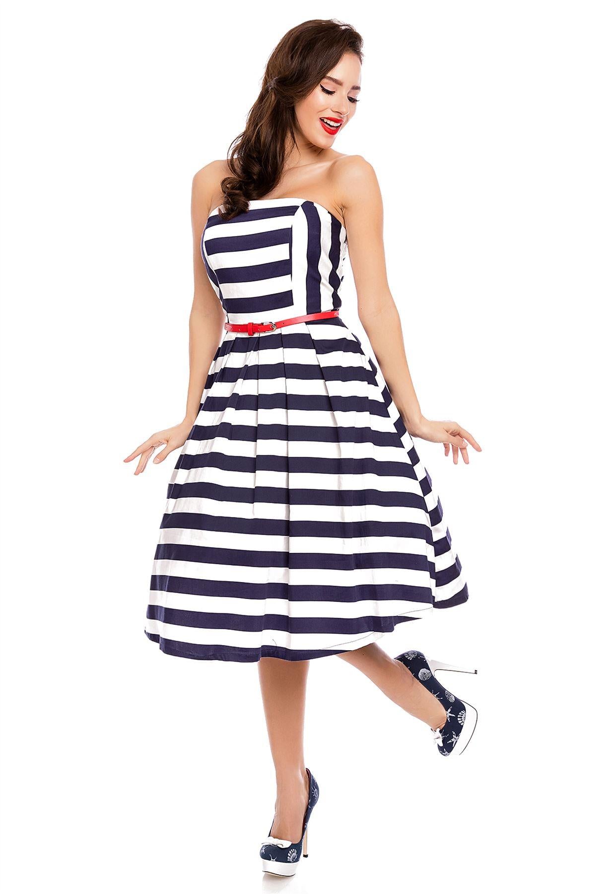 Lana Striped Strapless Swing Dress in Blue-White