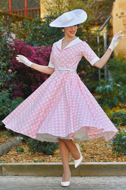 Mollie Light Pink Polka Dot Full Circle Shirt Dress