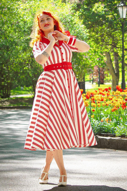 Mollie Red Striped Full Circle Shirt Dress