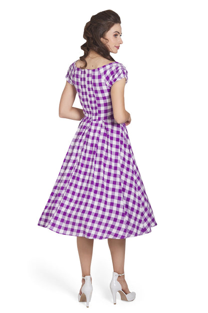 Lily Off Shoulder Purple Gingham Dress