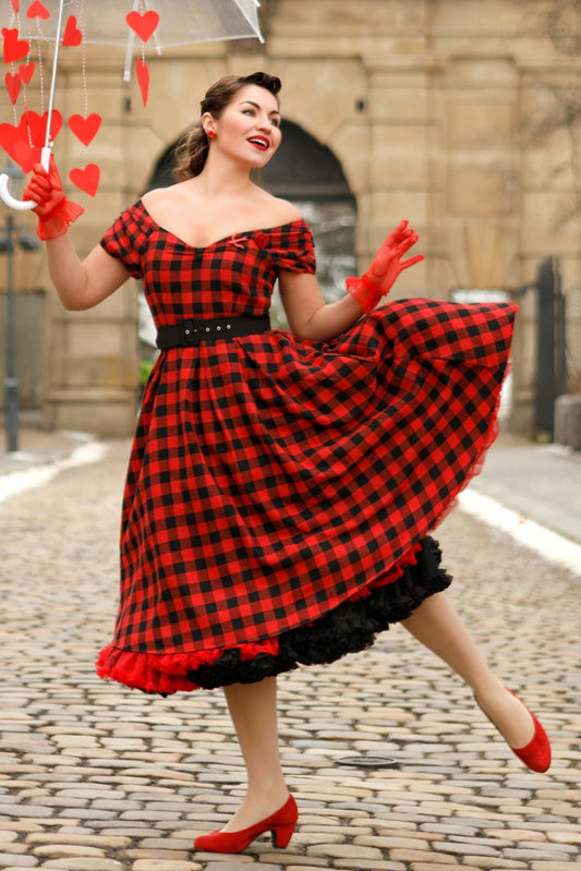 Lily Red Check Off Shoulder Dress