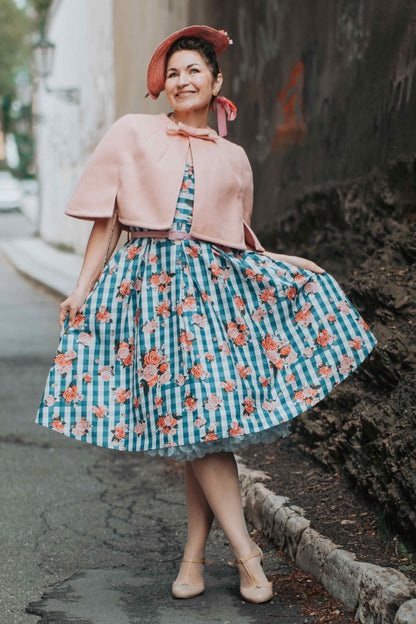 Lily Floral Off Shoulder Dress In Blue Gingham