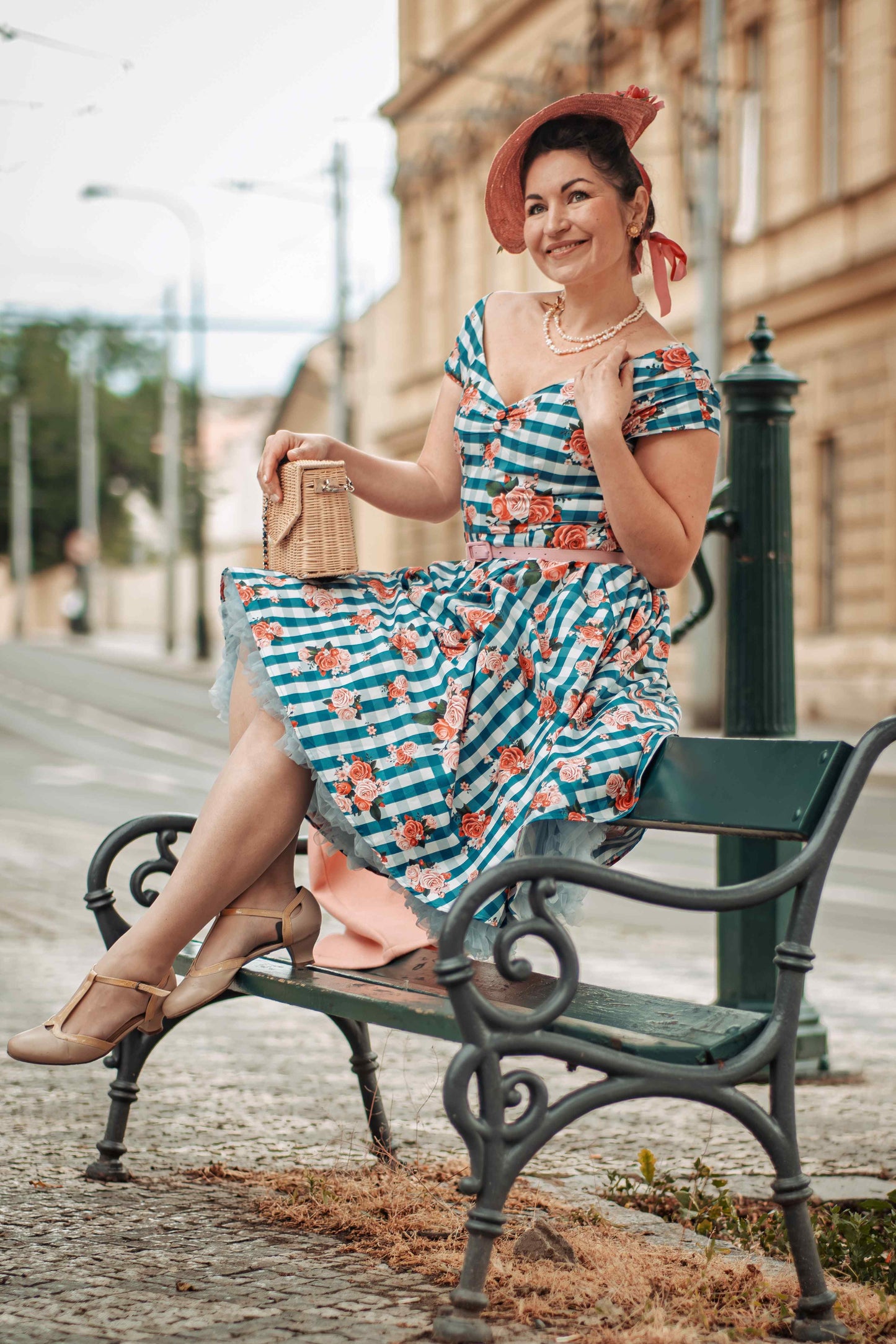 Lily Floral Off Shoulder Dress In Blue Gingham