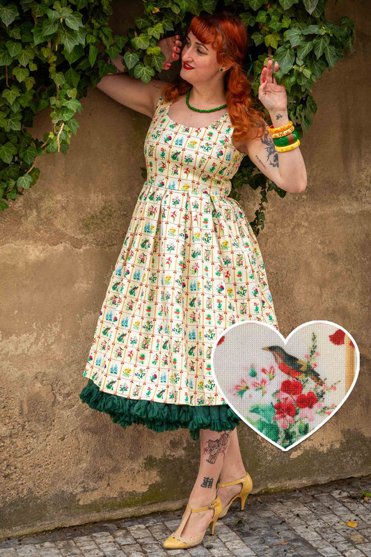 Amanda Cream Floral & Bird Flared Dress