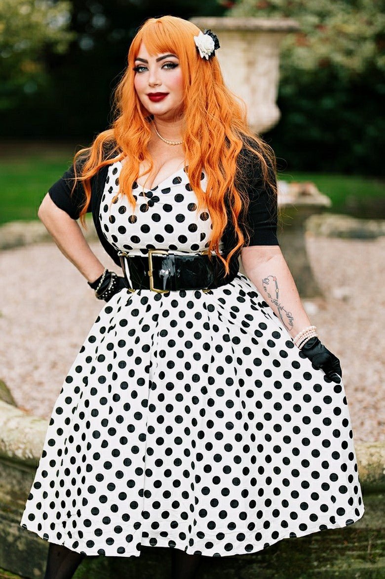 Lily Retro Off Shoulder White Polka Dot Swing Dress