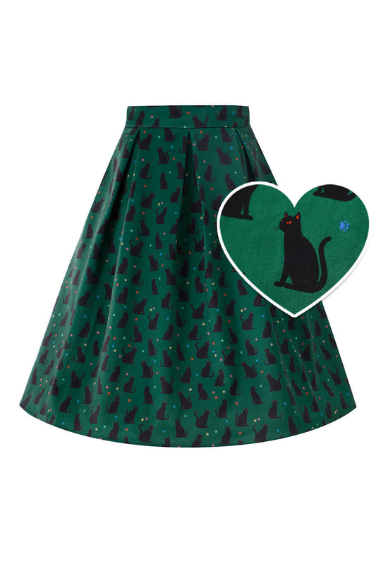 Aisley Black Cat Pleated Midi Skirt In Green