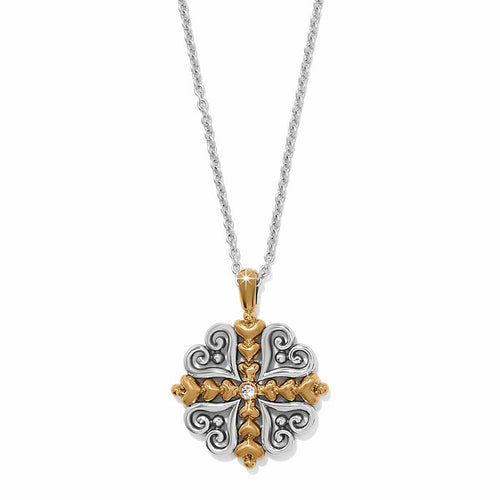 Brighton pendant necklace with two-tone scrollwork cross design and center crystal accent on a white background
