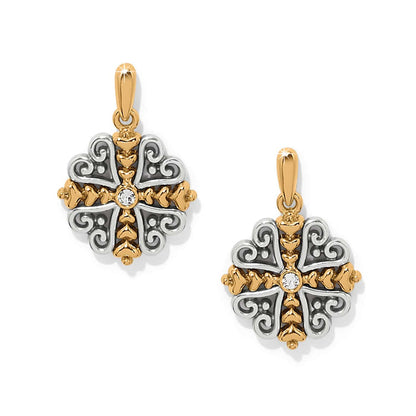 Brighton drop earrings with silver-tone scrollwork, gold-tone cross detail, and crystal centers on a white background