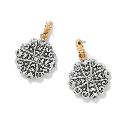 Brighton drop earrings with silver-tone scrollwork medallions, crystal centers, and gold-tone posts on a white background
