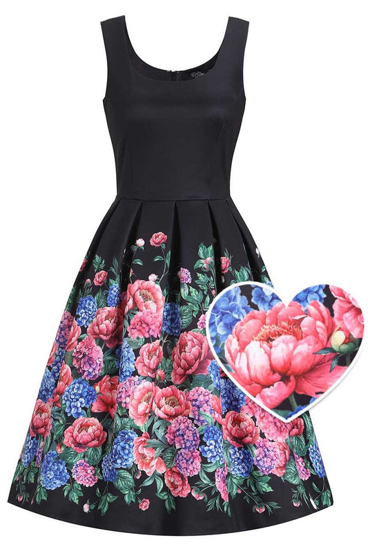 Amanda Hydrangea Black Flared Dress