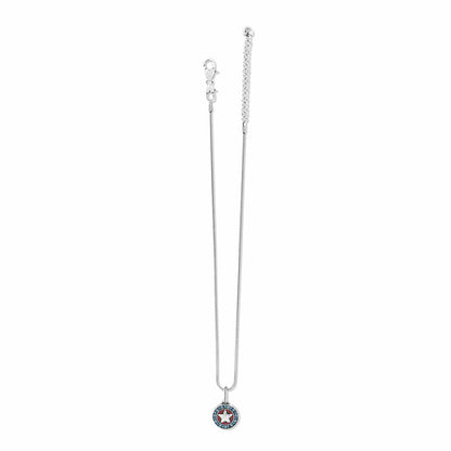 Brighton silver-plated pendant necklace with star medallion featuring blue and red crystal accents on a white background