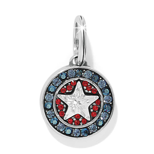 Brighton silver-plated charm with clear crystal star, red crystals, and blue crystal border on a white background