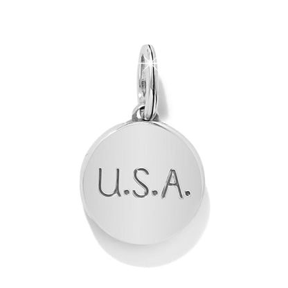 Brighton round charm with engraved U.S.A. lettering and silver-plated finish on a white background