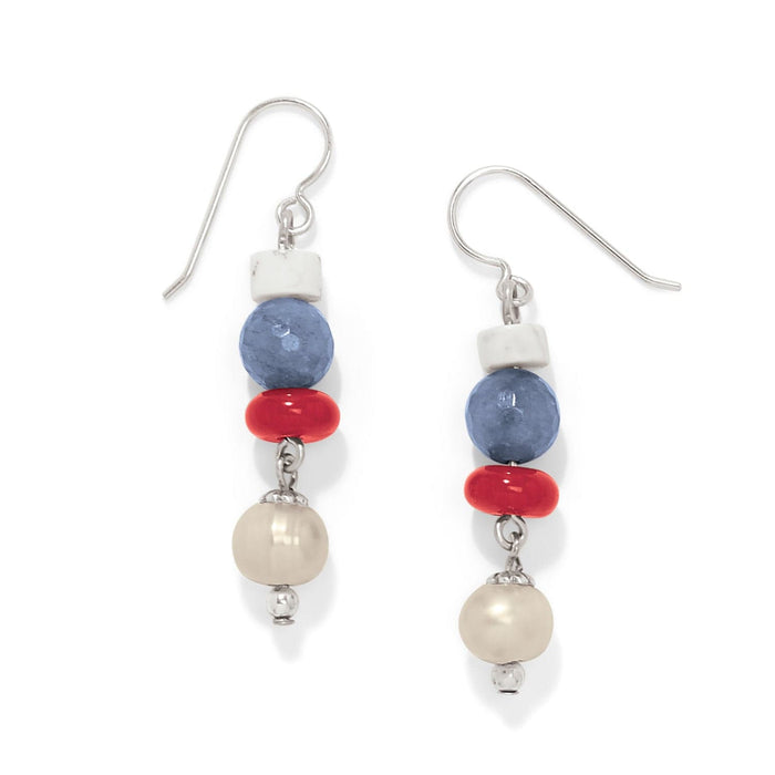 Brighton drop earrings with white, blue, red, and pearl beads on silver-plated hooks on a white background